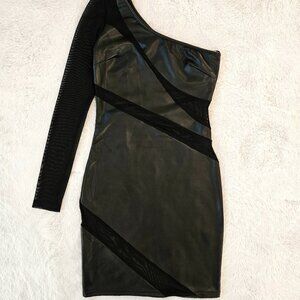 Forever 21 Short Mini Dress One-shoulder Black Faux Leather Mesh Inserts Size S